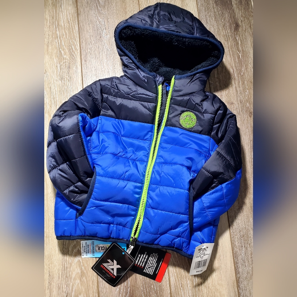 NEW Toddler ZEROEXPOSUR navy and blue hooded Full Zip puffer coat Size 2T